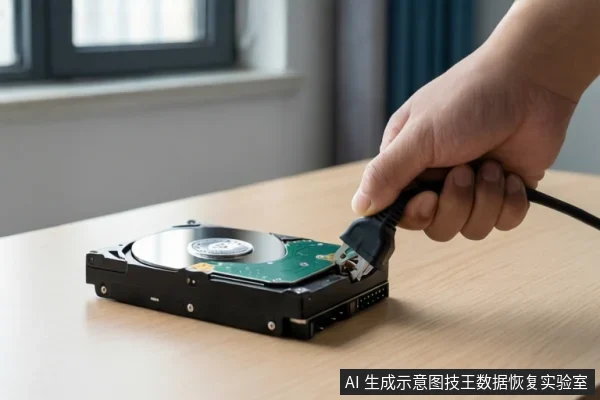 一只手正将一根黑色线缆的接头插入桌面上一个裸露的机械硬盘接口,背景为室内窗台。