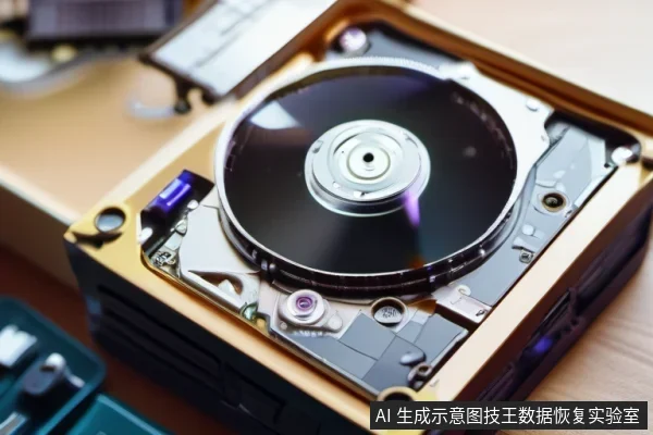 特写镜头下一块已拆开上盖的机械硬盘，盘片、主轴与磁头组件裸露，放置在金属托盘上，左下角可见装有工具头的绿色工具盒。