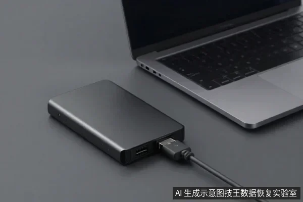 银色笔记本电脑旁放着一块黑色移动硬盘,通过USB线连接,桌面为深灰色。