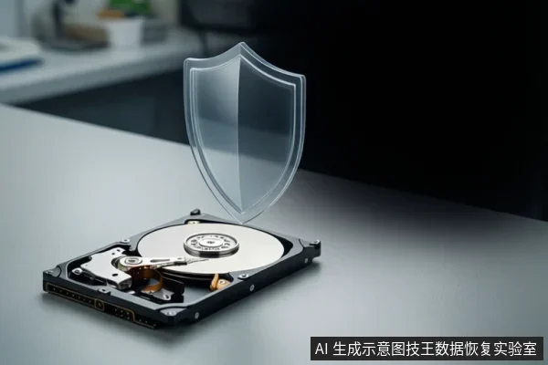 桌面上放置一块打开外壳的机械硬盘,可见盘片与磁头组件,上方悬浮一个半透明盾牌图标。