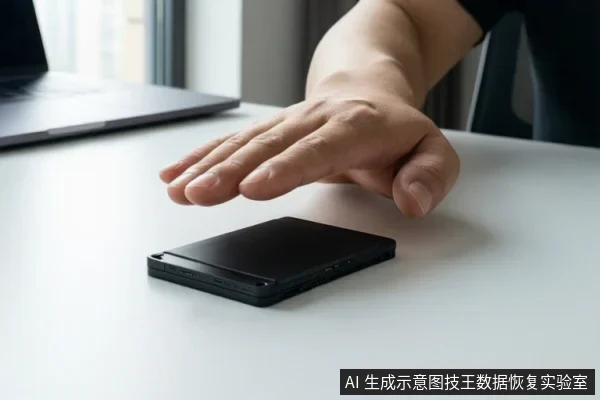 白色桌面上放着一块黑色固态硬盘,一只手悬停在硬盘上方,背景可见笔记本电脑和窗户。