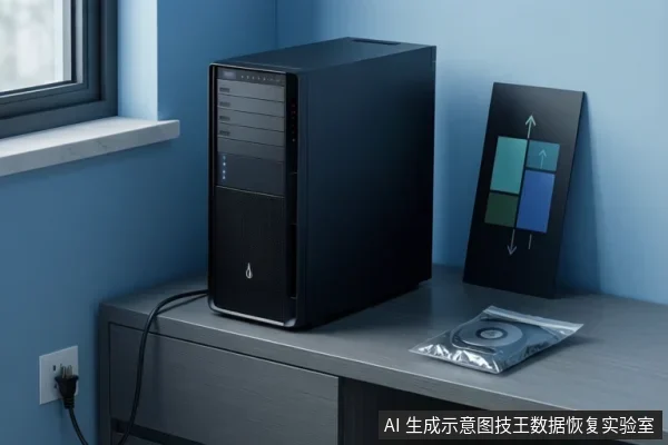 桌面上放置黑色台式电脑主机,旁边立着一块带箭头标识的机械硬盘,桌上还有一个防静电袋装的硬盘,墙上有电源插座。