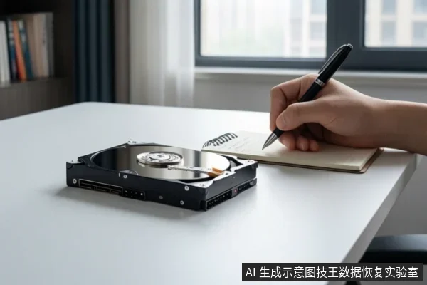 白色桌面上放置一块打开顶盖的机械硬盘,旁边一只手正握笔在笔记本上记录。
