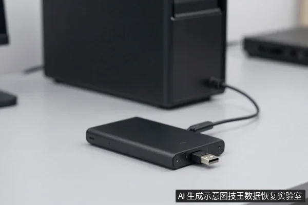 黑色移动硬盘平放在浅色桌面上，通过数据线连接后方黑色主机，硬盘侧面可见USB接口。