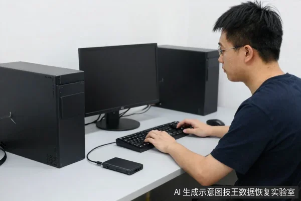 一名戴眼镜的亚洲男性坐在白色办公桌前,双手操作键盘,面前有一台黑色显示器和两台黑色台式电脑主机,桌面上放着一个黑色移动硬盘。