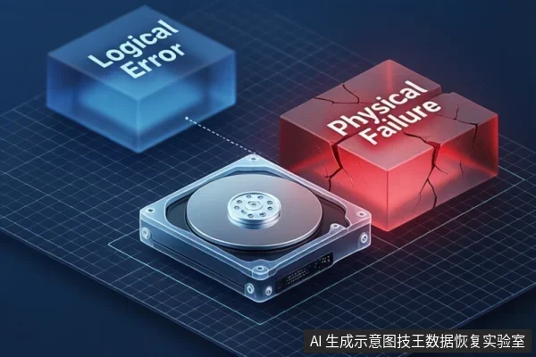 A hard drive with a blue 'Logical Error' block and a cracked red 'Physical Failure' block.