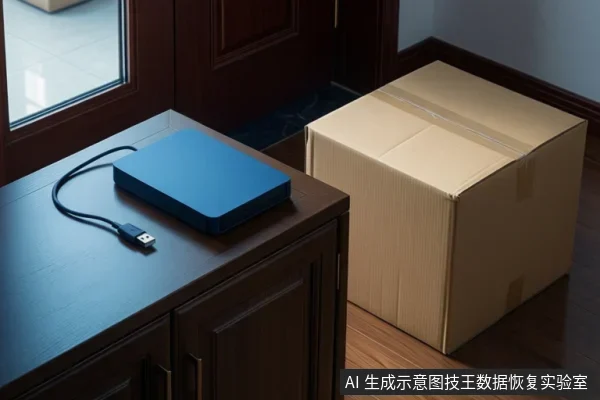 木柜上放着一块蓝色外置移动硬盘，旁边有一根USB数据线，右侧地板上立着一个封好的纸箱，背景为房门和窗户。