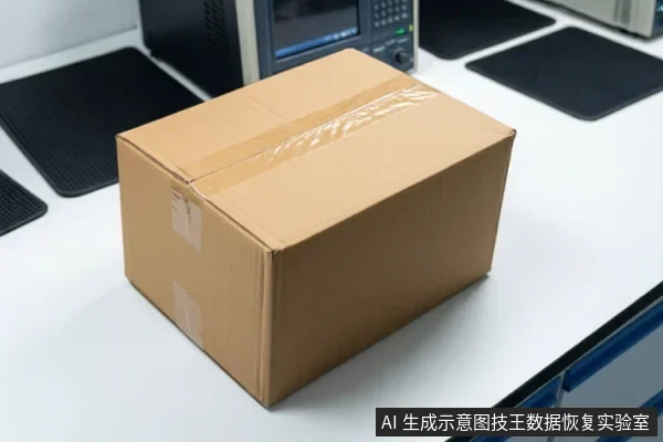 办公桌面上放置一个用透明胶带封好的棕色纸箱,背景可见黑色垫板和一台带屏幕与按键的仪器。