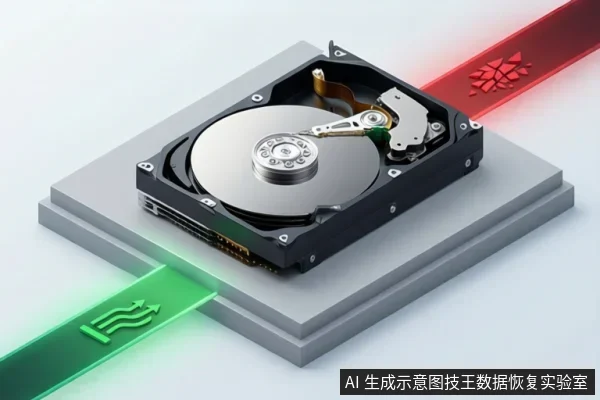 一个打开的机械硬盘放置在灰色平台上,旁边有红色和绿色的抽象图形条带,分别带有破碎和流动图标。