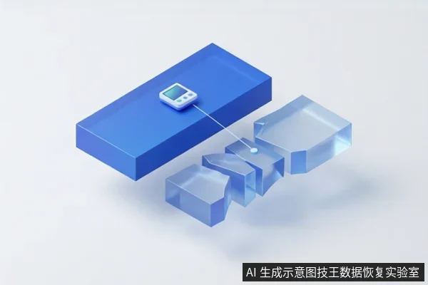 蓝色长方体设备上方放置一个带屏幕的检测仪,探针连接至右侧一组透明块状结构,示意对内部存储单元进行读取或检测。