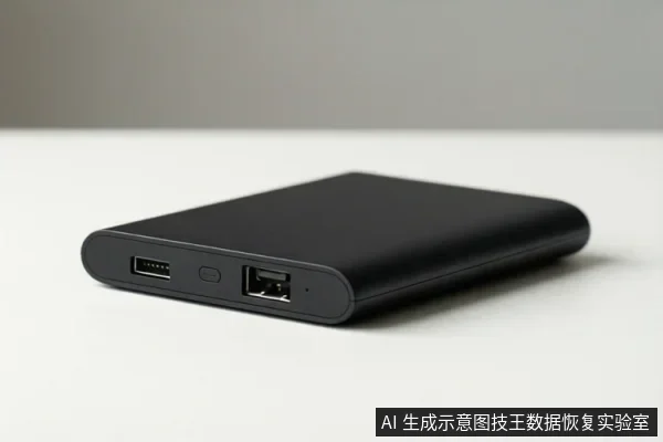 白色桌面上放置一个黑色移动硬盘,侧面可见USB接口、指示灯和电源接口。