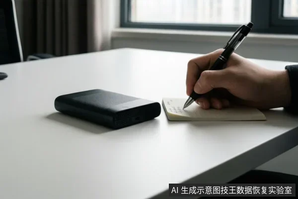 白色桌面上放着一个黑色移动硬盘,右侧一只手正握笔在便签纸上记录。