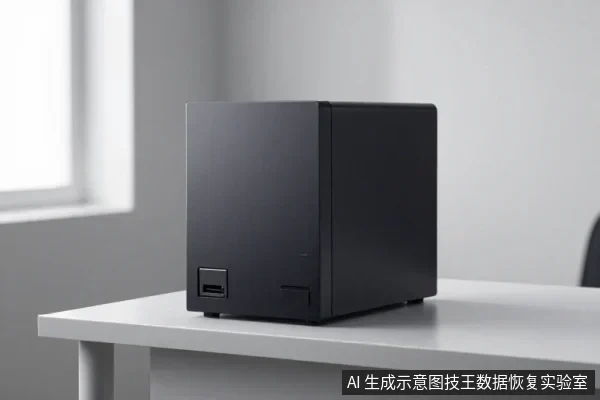 一台黑色方形迷你主机放置在白色桌面上，机身正面左下角有USB接口和按键，背景为浅色墙面与窗户。