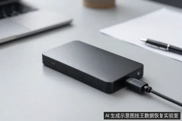 灰色桌面上放置一块黑色移动硬盘,通过USB线连接,背景有笔记本电脑、纸张和钢笔。