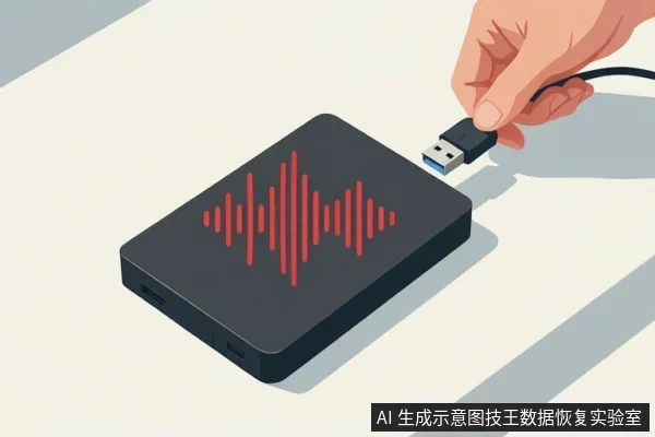 插画中一只手拿着USB插头,准备插入桌面上一个带有红色声波图案的黑色移动硬盘。