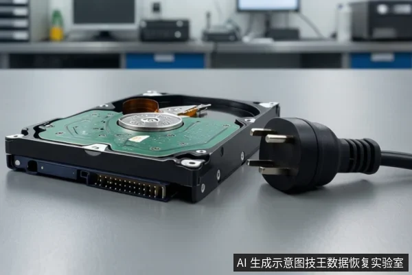 桌面上放置一块开盖机械硬盘,旁边放着一个未连接的三脚电源插头,背景为模糊的工作台。