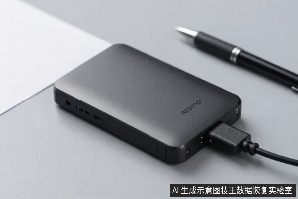 深灰色移动硬盘平放在灰色桌面上,侧面接口连着一根黑色USB线,旁边有一支黑色笔
