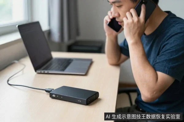 一名亚洲男子坐在木桌旁用手机通话,桌上放着一台笔记本电脑和一个通过数据线连接的黑色移动硬盘盒。