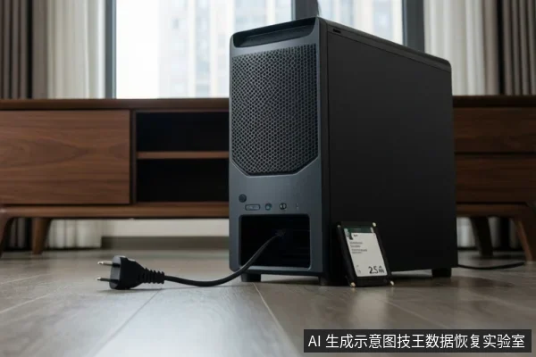 木地板上放置一台黑色台式电脑主机,电源线插头未插入放在地上,主机侧面靠着一块2.5英寸固态硬盘。