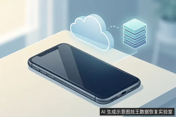 一部智能手机平放在浅色桌面上,上方有云朵图标和存储层图标,示意数据同步或备份。