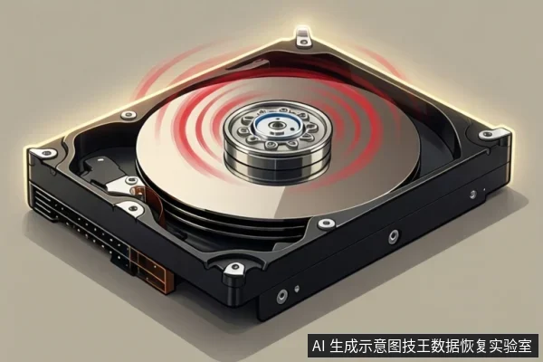 一张机械硬盘内部结构的3D示意图,展示了裸露的盘片、主轴电机和磁头臂,盘片上方有红色波纹特效。