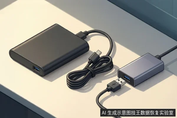 黑色外置移动硬盘放在桌面上,侧面USB-C接口未连接,旁边放着USB线和灰色USB扩展坞。