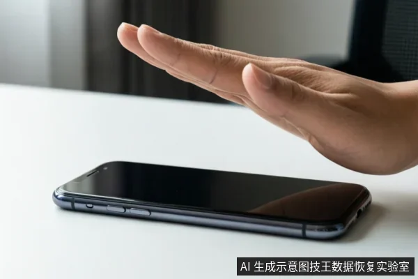 一只手在白色桌面上方做出停止手势,下方平放着一部黑色智能手机。