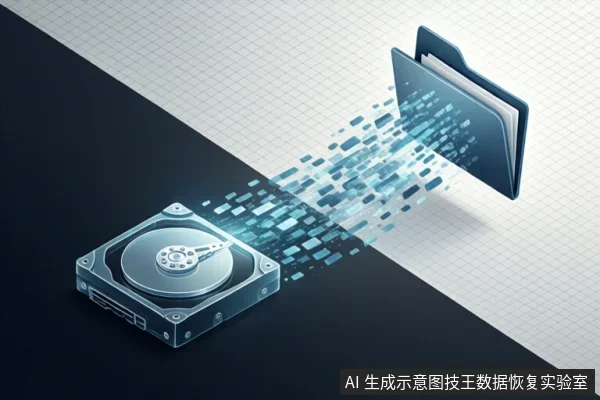 画面左下为一块机械硬盘,中间有由蓝色像素块组成的数据流,向右上方进入一个打开的文件夹图标,背景为黑白斜分界面。