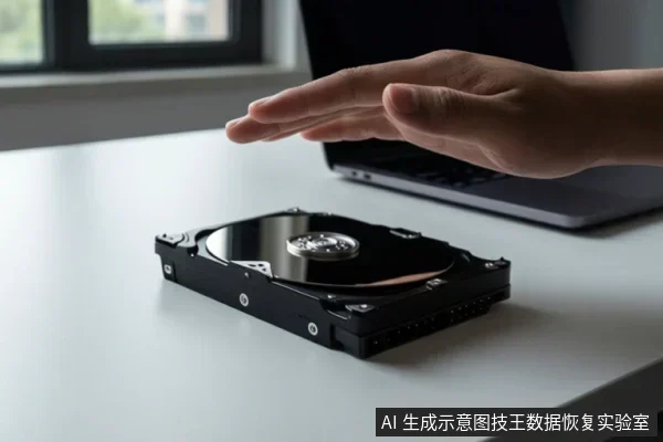 白色桌面上放置一块裸露的机械硬盘,一只手悬停在硬盘上方,背景有一台笔记本电脑。