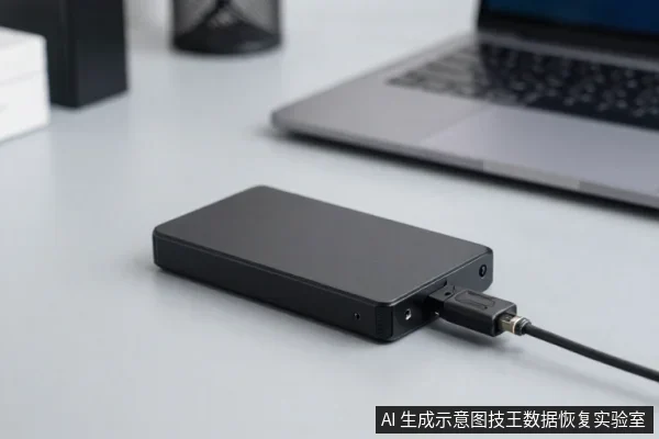 黑色移动硬盘平放在浅色桌面上,侧面接口插着USB数据线,背景有笔记本电脑和收纳盒。