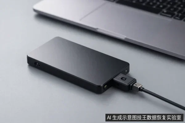 黑色移动硬盘平放在桌面,USB数据线插在接口上,旁边有一台笔记本电脑