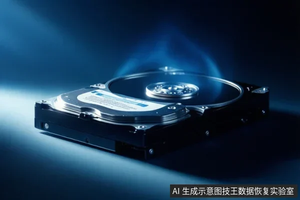 一张打开外壳的机械硬盘置于深色背景中,盘片上方有蓝色烟雾状效果,暗示设备过热或故障。
