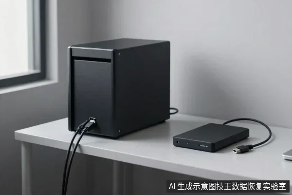 桌面上放置一台黑色方形存储设备和一台黑色移动硬盘,两者均通过线缆连接,背景为窗户和灰色墙面。