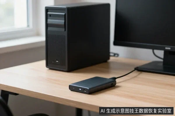 一台黑色台式主机与显示器旁,桌面上放着一个外接移动硬盘,通过线缆连接。