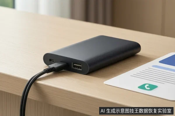 桌面上放置着一个黑色的外置固态硬盘,其USB-C接口连接着一根黑色数据线,旁边有一张带有电话图标的纸张。
