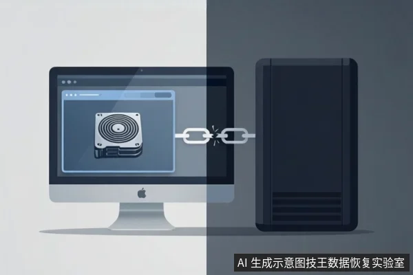 插画显示一台苹果一体机屏幕中有机械硬盘图标,右侧为黑色硬盘盒,中间链条断裂,象征连接中断。