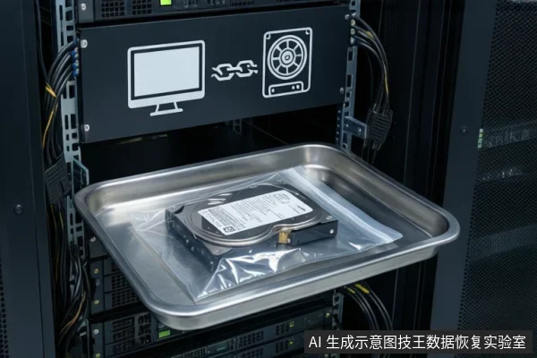 服务器机柜内金属托盘上放着一块套有透明防静电袋的机械硬盘,上方黑色面板印有显示器、链条与硬盘连接图标。