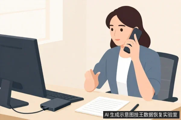 一名女性坐在办公桌前，手持手机通话，桌上放有显示器、键盘、移动硬盘和纸张。