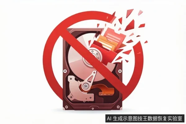 一个打开的机械硬盘内部结构，上方有文件夹图标飞出并伴随碎裂效果，整体被红色禁止符号覆盖。
