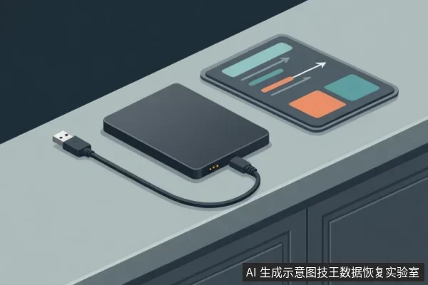 桌面上放着一个黑色外置硬盘,前端插着一根USB线,线头悬空;旁边是一个显示着抽象图表的平板设备。