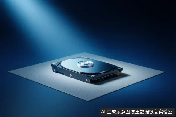 蓝色背景下，一块机械硬盘放置在灰色垫子上，硬盘盘片裸露，无外壳遮挡。
