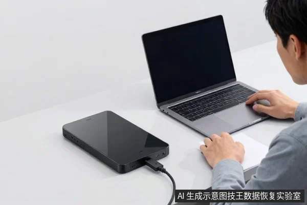一名男子坐在白色桌前使用笔记本电脑,桌面左侧放着一台黑色多口扩展坞,通过线缆与电脑相连,扩展坞侧面可见多个接口。
