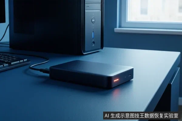 桌面上有一台台式电脑主机,旁边放着一个黑色移动硬盘,硬盘通过USB线连接,指示灯亮起。