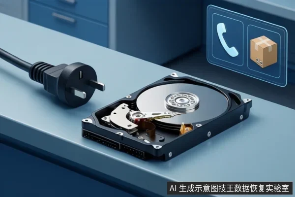 桌面上放置一块开盖机械硬盘,盘片与磁头臂裸露,左侧三脚电源插头完全脱离接口,右上角悬浮电话与快递箱图标。