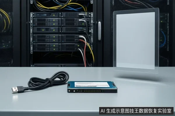 灰色桌面上并排放置一块M.2固态硬盘和一根黑色USB数据线，背景为带硬盘托架的服务器机柜，右侧立着一块空白平板。