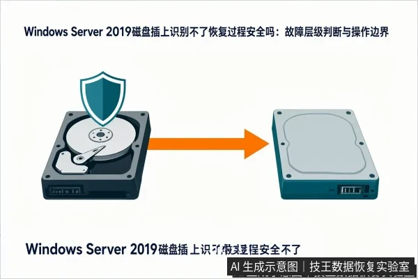 正文场景:文章内容场景示意图:Windows Server 2019磁盘插上识别不了恢复过程安全吗:故障层级判断与操作边界