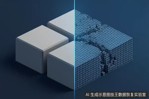 深色背景中,三个立方体被一条垂直光线分割,左侧为实心表面,右侧呈现网格状线框结构,内部可见破碎的几何块体。
