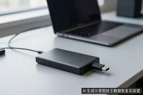 黑色外置硬盘平放在浅色桌面上，USB插头已插入硬盘侧面接口，旁边有连接线，背景是笔记本电脑和窗户。