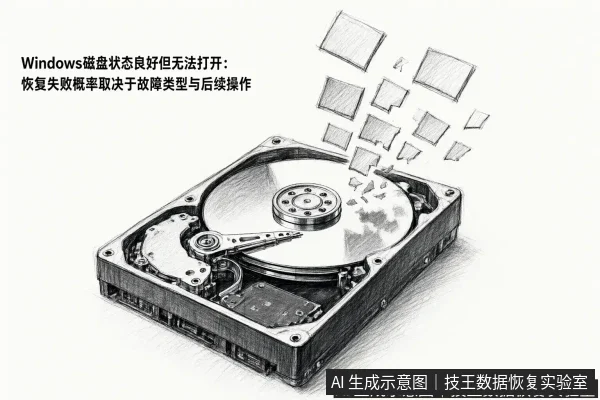 正文场景:文章内容场景示意图:Windows磁盘状态良好但无法打开:恢复失败概率取决于故障类型与后续操作