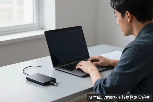 一名亚洲男性坐在桌前，双手放在笔记本电脑键盘上，桌面左侧放着一块黑色外置硬盘，通过USB线连接电脑。
